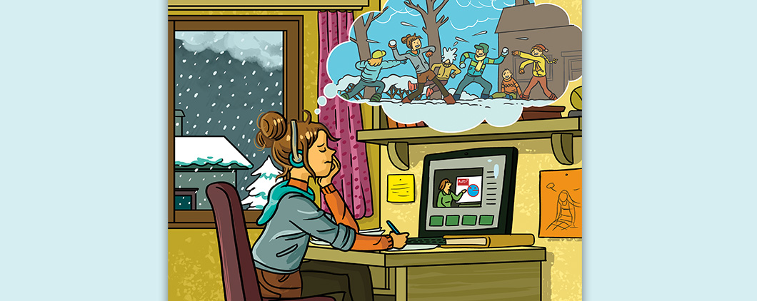 Illustration of a student working online while daydreaming about having snowball fight