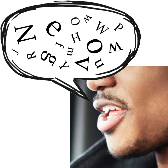 Image of a mouth and then a speech bubble with various letters