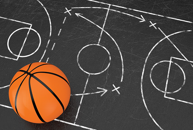 Image of a basketball and a basketball field with diagrams shown