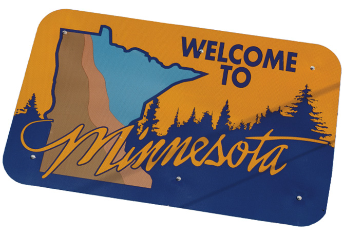 Image of a state sign that reads, "Welcome to Minnesota"