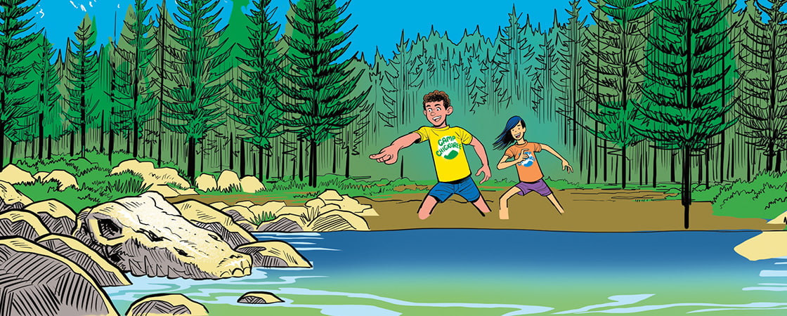 Illustration of two teens pointing across a river from a forest