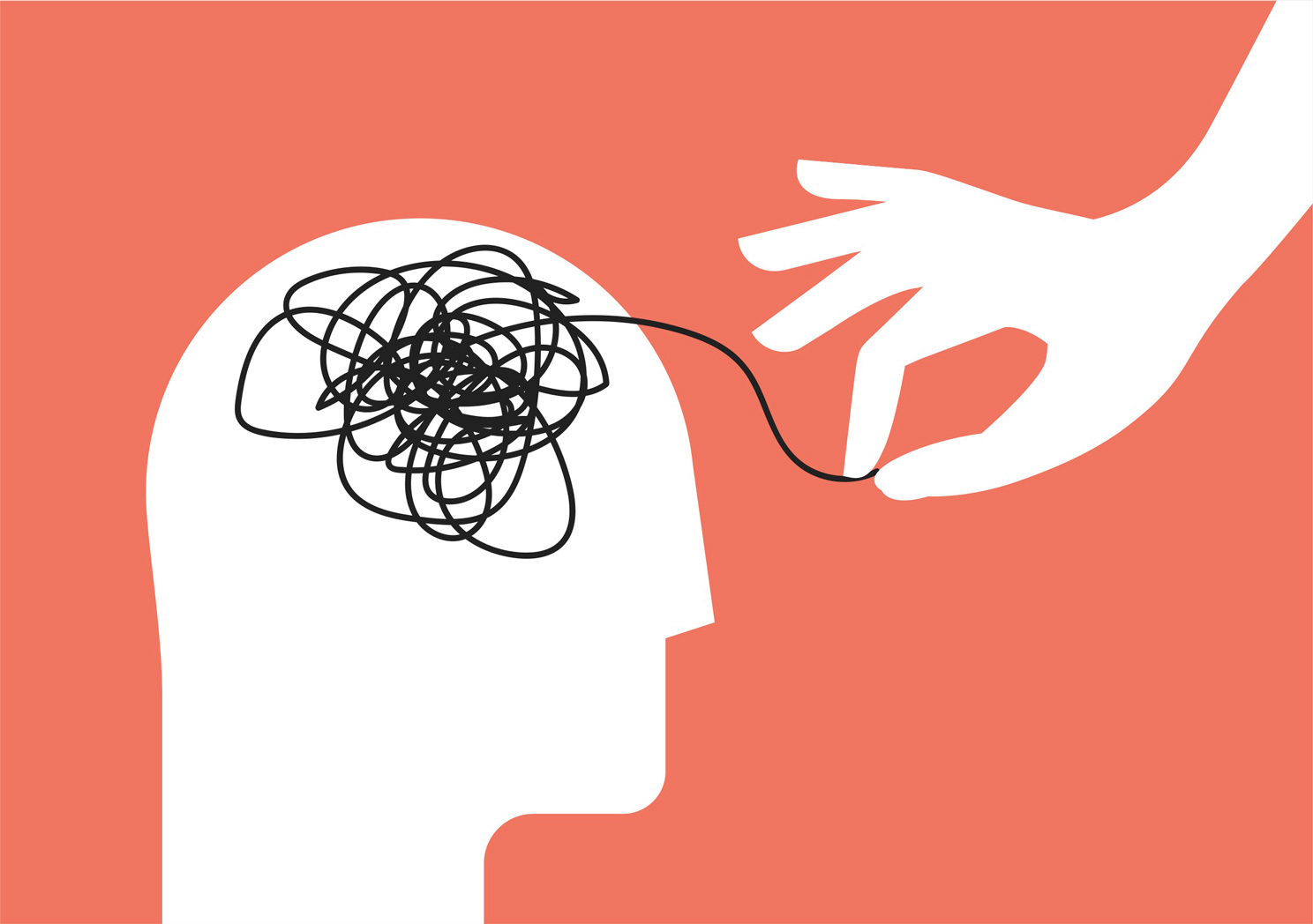 Illustration of a mind tangled in knots and a hand unfurling it