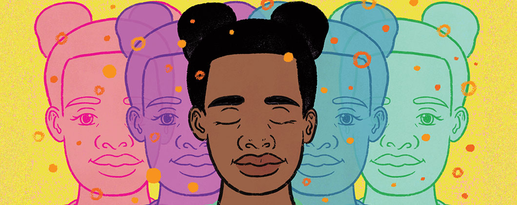 Illustration of five of the same faces but in different colors