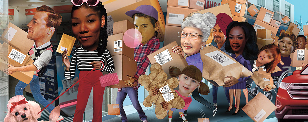 Illustration showing a line full of a variety of people all carrying packages