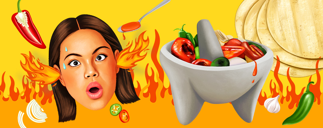 Illustration of fire coming out of the ears of someone who just ate spicy peppers and hot sauce