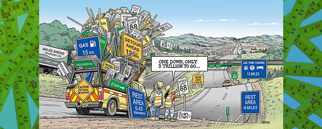 Illustration of a truck filled with road signs while construction workers place them on highway