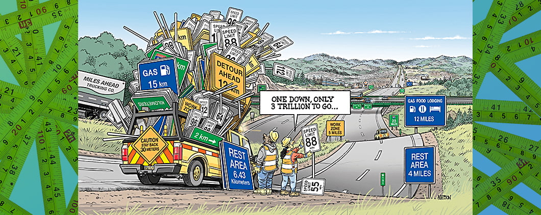 Illustration of a truck filled with road signs while construction workers place them on highway