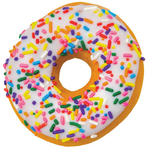 Image of a white-frosted donut with rainbow sprinkles