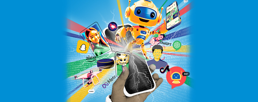 Image of a cellphone with apps, photos, robots and other images coming out of it
