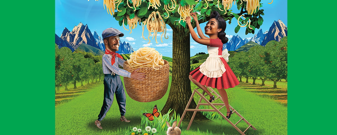 Image of people picking spaghetti from a pasta tree