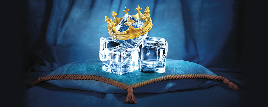 Image of ice cubes wearing a crown and placed on a royal blue pillow