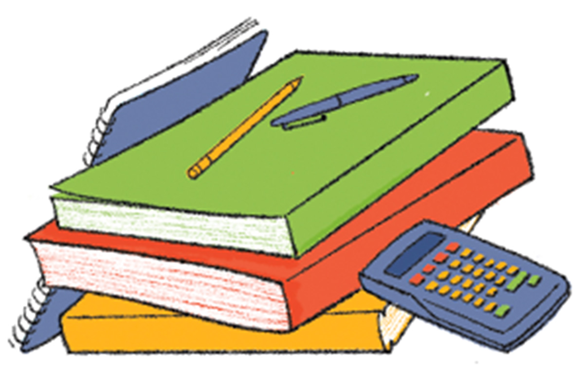 Illustration of a pile of school books and a calculator