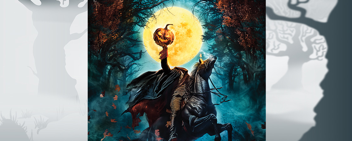 Illustration of a horseman with a pumpkin head on horseback at night