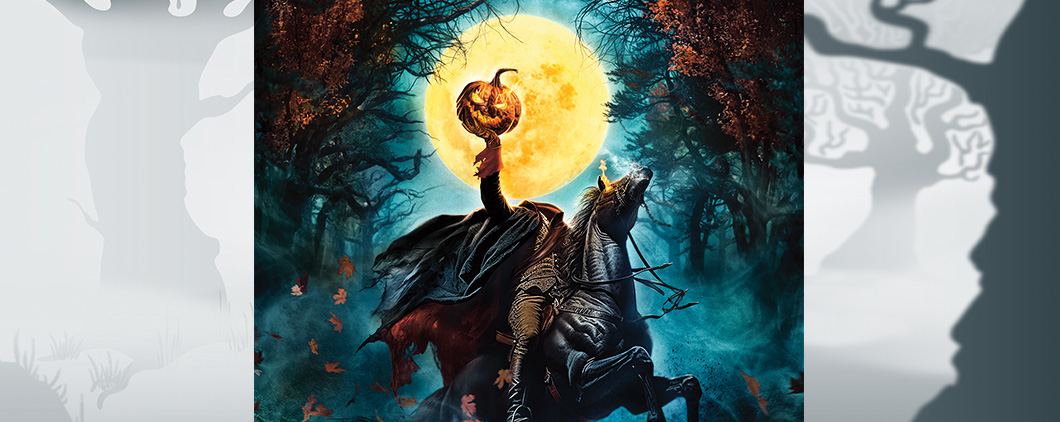 Illustration of a horseman with a pumpkin head on horseback at night