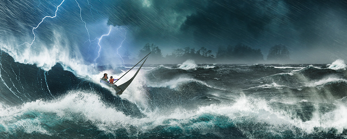 Illustration of a boat caught in a dangerous thunderstorm at sea