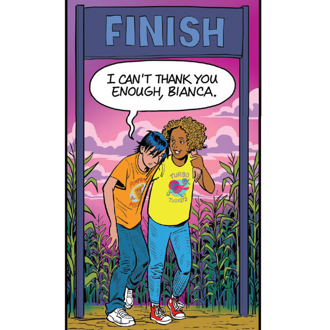 Illustration of a racer thanking another for helping them through the maze