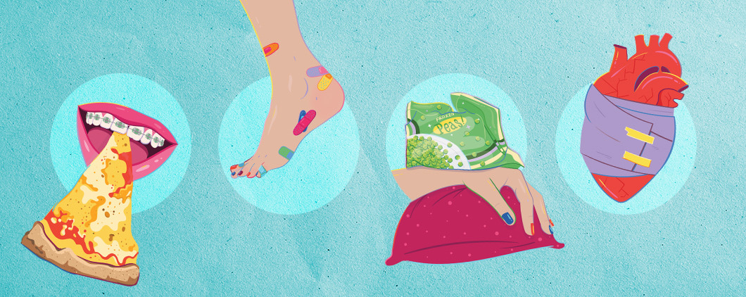 Illustration of mouth & pizza, foot with band-aids, a hurt hand, and bandaged heart