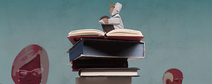 illustration of a boy in a hoodie sitting on top of a stack of books