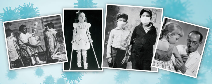 black and white photos of children with medical equipment during the time of polio