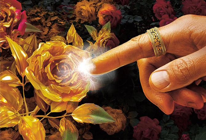 expandable illustration of a hand touching a golden flower