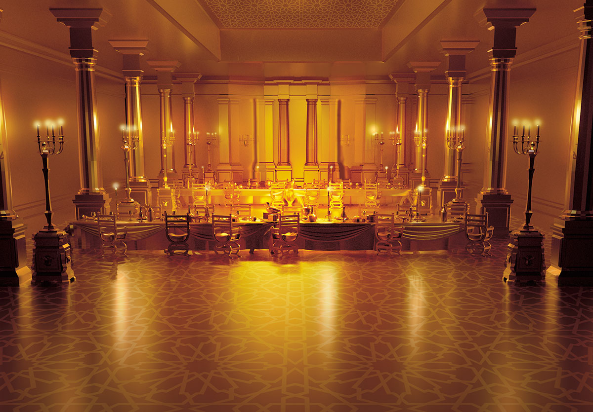 illustration of a dining room where everything is made of gold