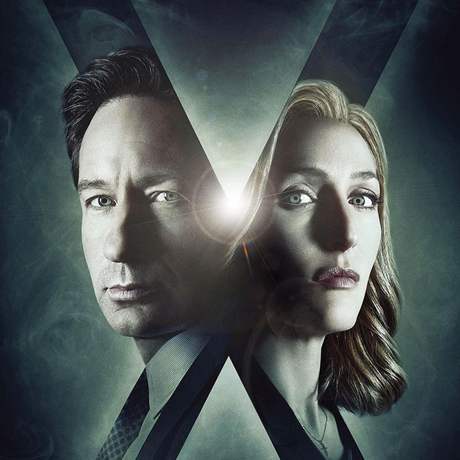 A man and woman with a large letter "X" in the background