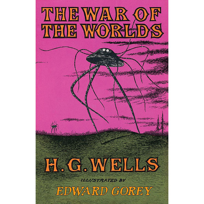 Book cover with a black alien ship with long tentacle-like legs and the title: The War of the Worlds