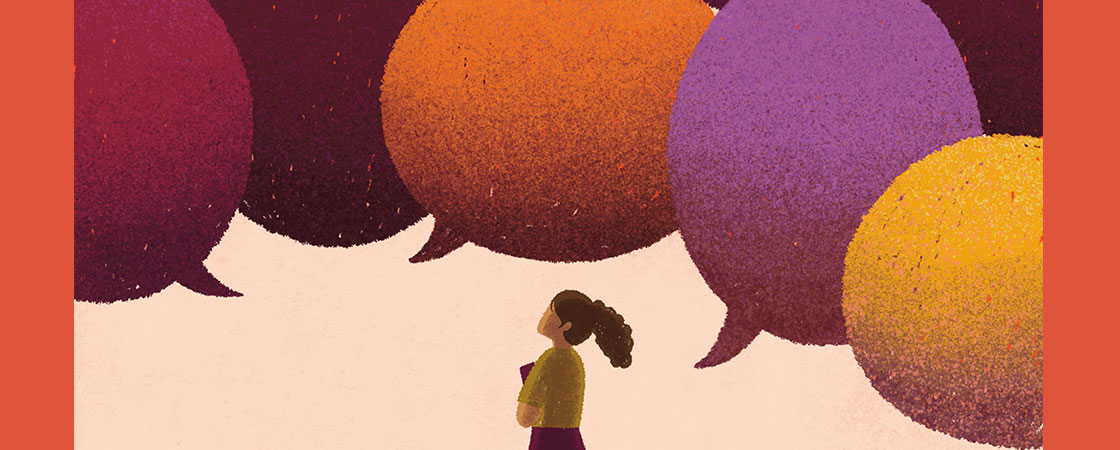 Illustration of a girl looking up at large speech bubbles of different colors