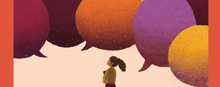 Illustration of a girl looking up at large speech bubbles of different colors