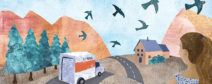 Illustration of a moving truck driving down the road towards a house as a girl watches from afar