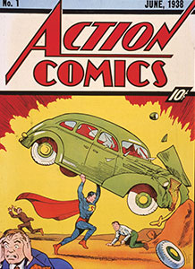 Comic book cover with an illustration of Superman holding a car as civilians run in terror
