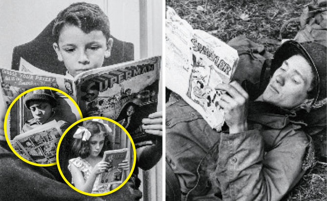 Enlargeable black and white photo of a child and a U.S. soldier reading a Superman comic