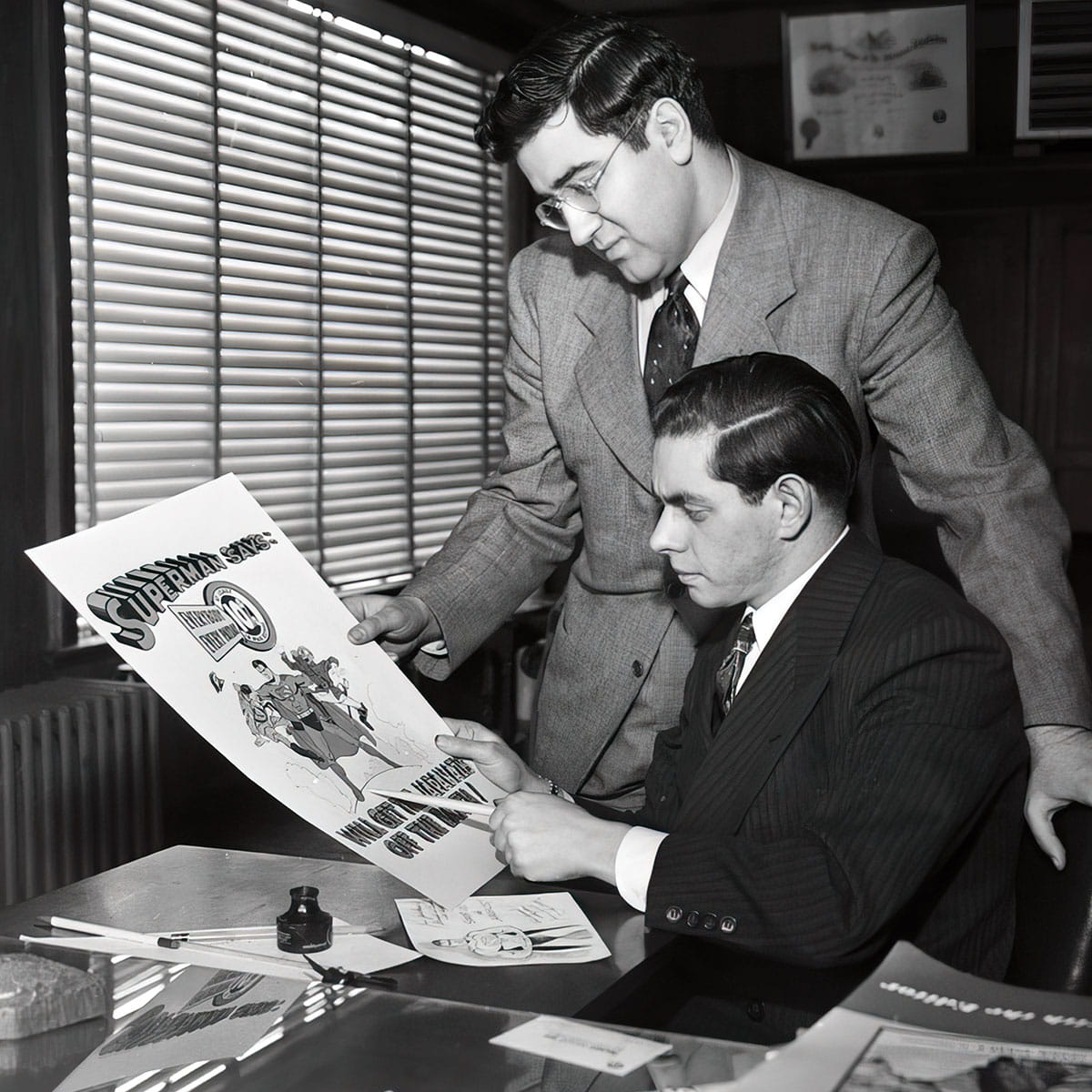 Black and white photo of two men in suits looking over a poster with Superman on it