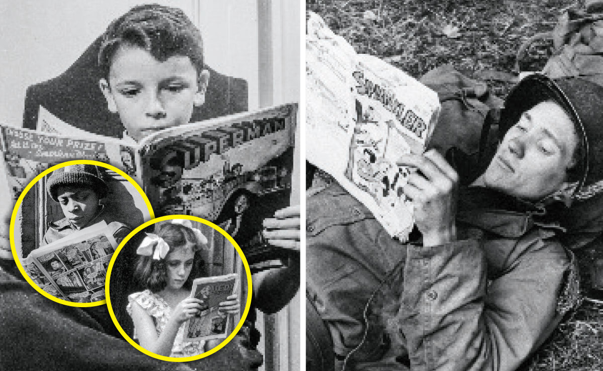 Black and white photo of a child and a U.S. soldier reading a Superman comic