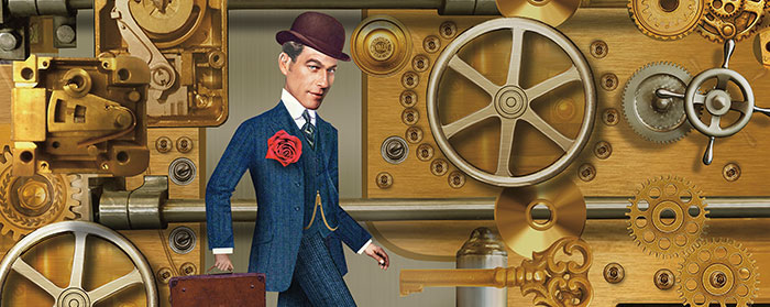 Illustration of a well dressed man in a suit standing among the cogs of a machine